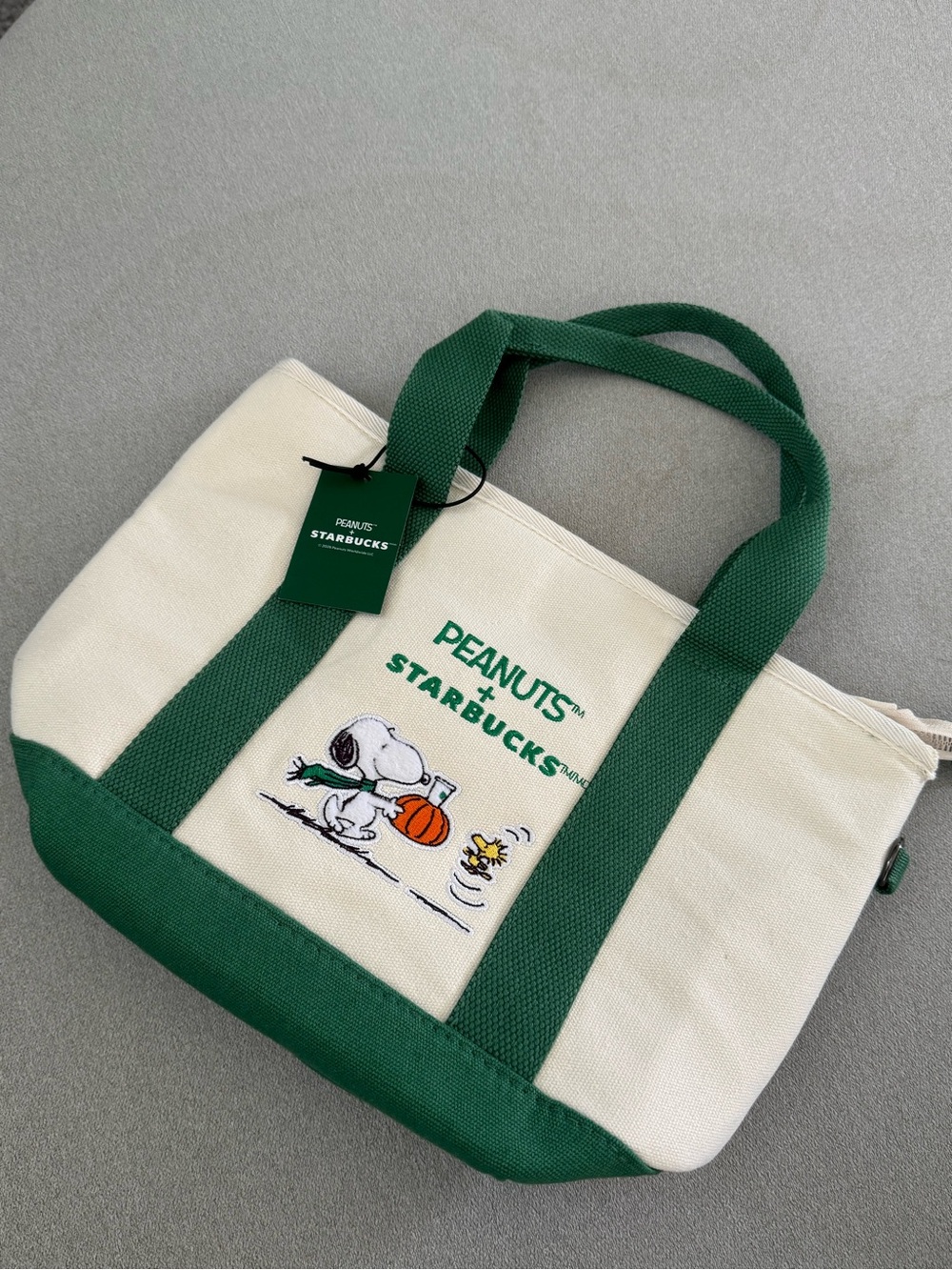 Starbucks Cream & Green Peanuts Canvas Tote with Snoopy Design